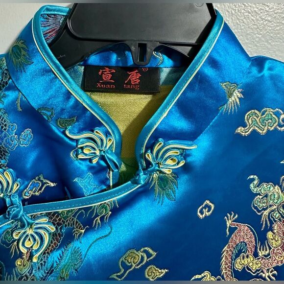 Beautiful Traditional Cheongsam Dress. 52” Long. Blue Yellow (321) - Picture 4 of 4